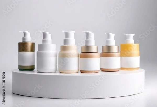 Fototapeta Collection of skincare products on white geometric platforms.