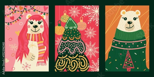 Fototapeta Doodle set three cards with bears girl and boy in sweaters and with scarf, Christmas tree, snowflakes, garland. Colorful vector hand drawn illustration in green, pink, white, red, yellow colours	