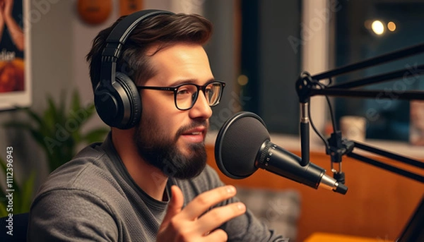 Obraz A podcast host speaking into a high-quality microphone, with headphones on and a cozy studio background.