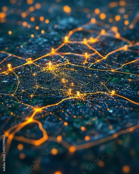 Fototapeta Highaltitude image of land plots with glowing digital markers and network lines, visualizing the concept of land area mapping and modern spatial technologies