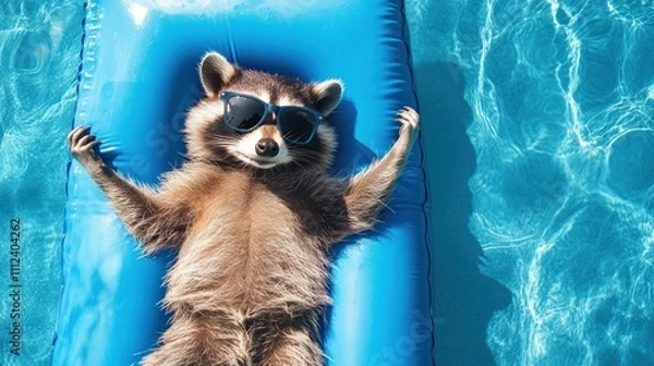 Obraz Cool raccoon relaxing on a blue inflatable raft in a swimming pool.