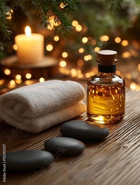 Fototapeta A serene spa scene featuring massage products: a sleek bottle of massage oil, smooth basalt stones, and a soft white towel neatly folded on a wooden table. 