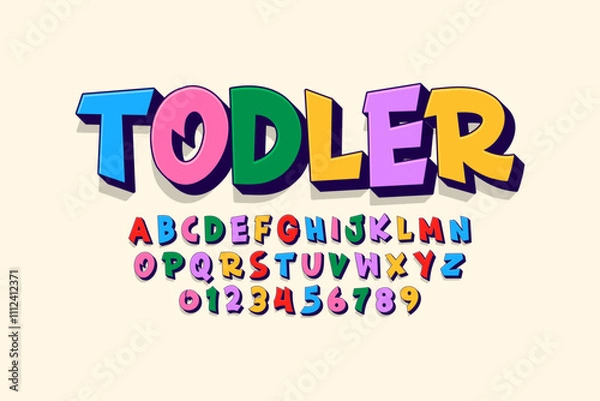 Obraz Vector of modern comical font and alphabet. Playful style font design, colorful childish alphabet, letters and numbers vector illustration