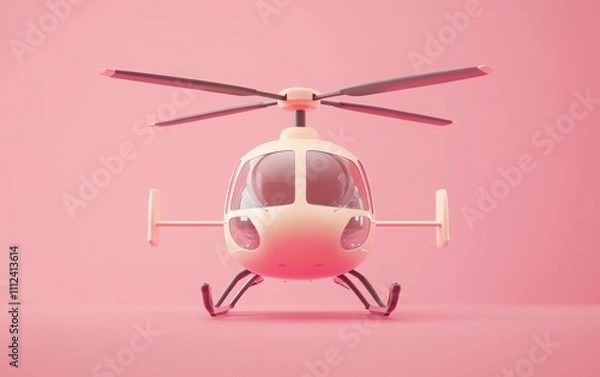 Fototapeta 3D illustration of a helicopter in a simple and minimalist style, featuring a cute pastel color palette, placed against a solid pink background