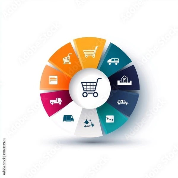 Fototapeta A colorful pie chart composition, segmented transport modes with matching icons, central cart emblem, clean vector style, isolated on white background. 