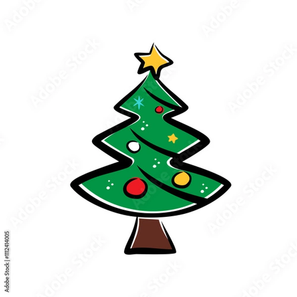 Fototapeta Simple Christmas Tree Icon with Star and Decorations, Holiday Graphic
