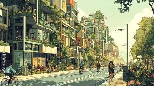 Obraz Lush green urban street with cyclists and pedestrians enjoying a sunny day.