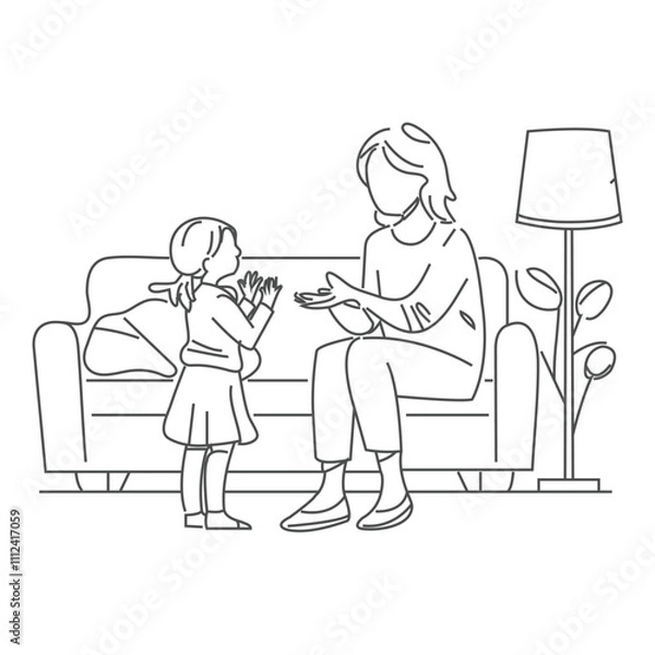 Fototapeta One single line drawing of young mother giving a high five to her son for a success achievement, parenting vector illustration. One single line drawing of young