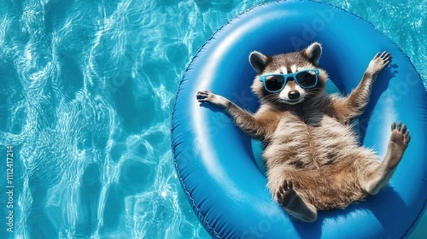 Obraz Relaxed raccoon in blue sunglasses floats on a blue inflatable ring in a swimming pool.