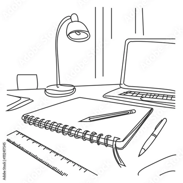 Fototapeta Workplace in continuous one line art style. Office desk with monitor and a chair. Simple vector illustration.