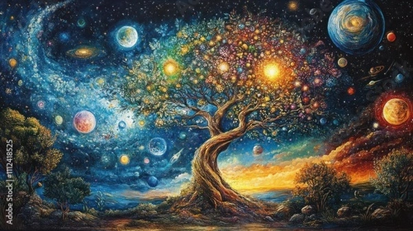 Obraz Cosmic Tree of Life, vibrant universe, galaxies, planets, stars, swirling nebulae, colorful, fantasy art.
