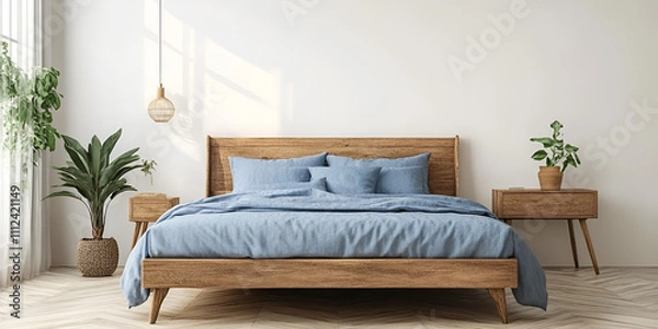 Fototapeta Cozy Bedroom with Wooden Bed and Blue Bedding