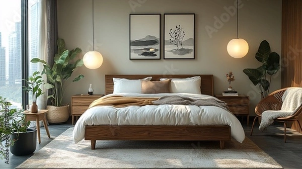 Fototapeta Modern Scandinavian Bedroom with Walnut Furniture