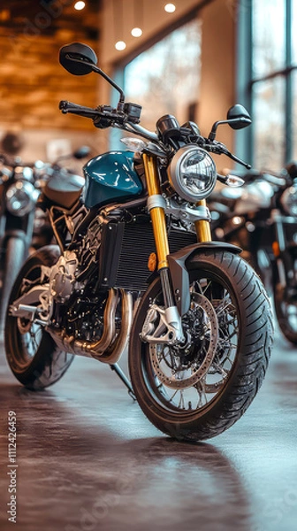 Fototapeta Cropped photo of a touring bike is standing on the moto showroom. Touring bikes are designed for long-distance travel. Vertical photo.