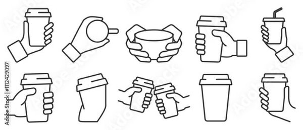 Fototapeta Hand holding paper cup with drink line icon set. A hand is holding a coffee cup icon set. Vector illustration of a hand holding a mug of coffee to takeaway in transparent background. Editable stroke