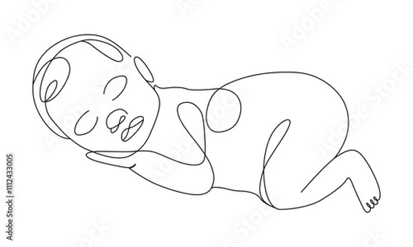 Fototapeta One line art of a newborn baby lying down vector art illustration