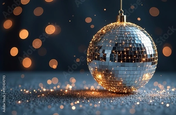 Fototapeta Empty snow globe, glass sphere. Golden lights inside. Bokeh, snow in the background. Atmospheric and festive