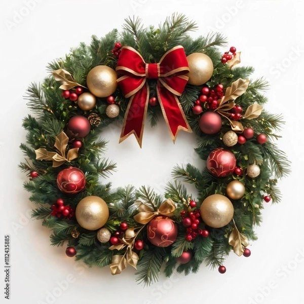 Obraz A vibrant Christmas wreath adorned with red and gold ornaments, holly berries, and an elegant bow. The lush green pine branches and soft lighting create a cozy festive ambiance.