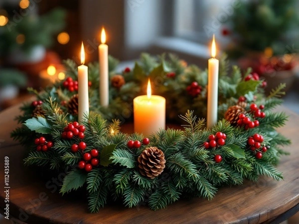 Obraz A vibrant Christmas wreath adorned with red and gold ornaments, holly berries, and an elegant bow. The lush green pine branches and soft lighting create a cozy festive ambiance.