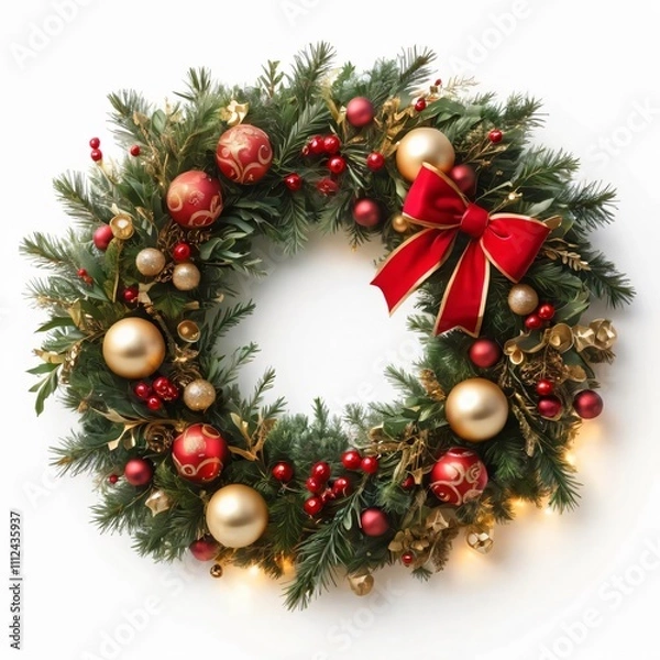Obraz A vibrant Christmas wreath adorned with red and gold ornaments, holly berries, and an elegant bow. The lush green pine branches and soft lighting create a cozy festive ambiance.