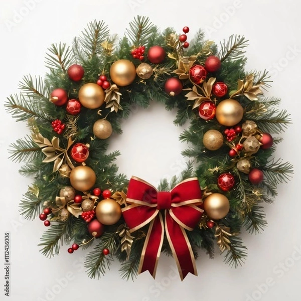 Obraz A vibrant Christmas wreath adorned with red and gold ornaments, holly berries, and an elegant bow. The lush green pine branches and soft lighting create a cozy festive ambiance.