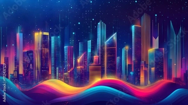 Obraz Vibrant Neon Cityscape at Night Illuminated Skyscrapers