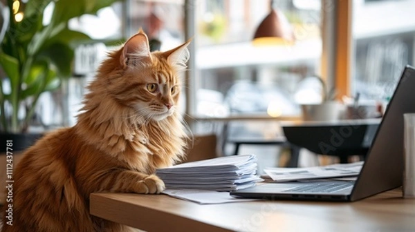 Fototapeta Ginger the Maine Coon cat is curiously examining the task force.
