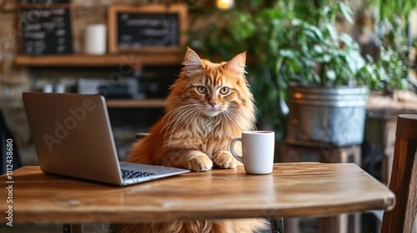 Fototapeta Ginger Maine Coon cat is sitting in a coffee shop with a coffee mug and laptop.