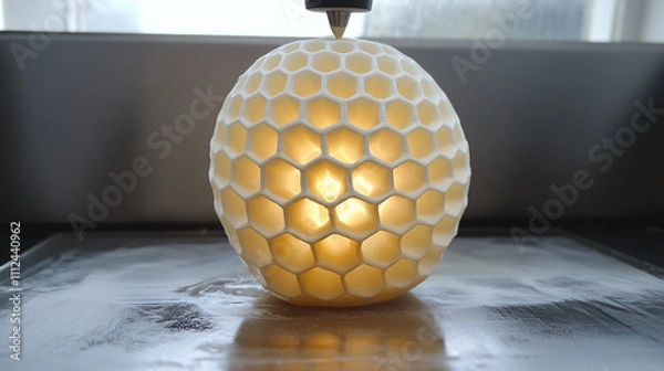 Fototapeta Drukarka 3D w trakcie precyzyjnego wytwarzania kuli o geometrycznej strukturze przypominającej plaster miodu.