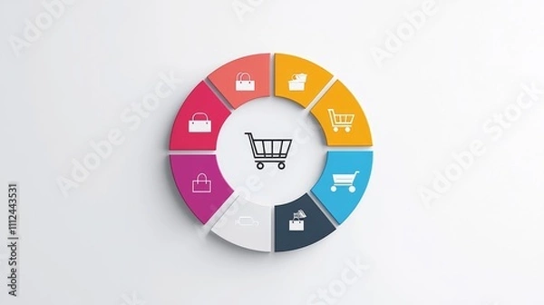 Fototapeta A minimalistic infographic pie chart with flat design icons for each transport mode embedded in their respective sections, a sleek shopping cart icon glowing at the middle, Abstract, Muted palette, 