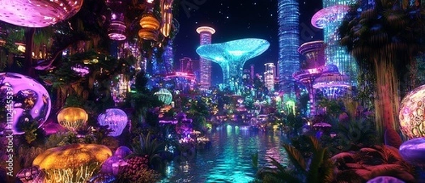 Fototapeta Bio-luminescent city at night. Futuristic cityscape with glowing jellyfish, mushrooms, and vibrant flora.  Fantasy architecture and glowing water.