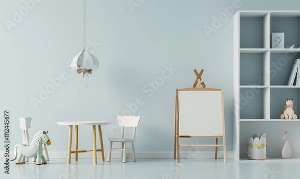 Fototapeta A minimalist and stylish nursery with a white table and chairs. an easel. and a bookshelf