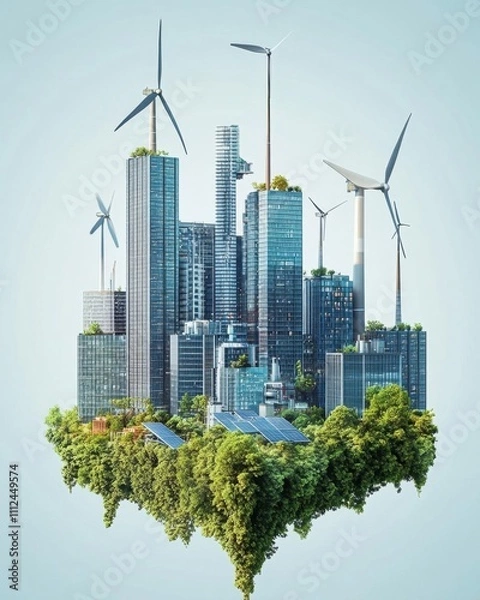 Fototapeta A futuristic cityscape featuring wind turbines and greenery.