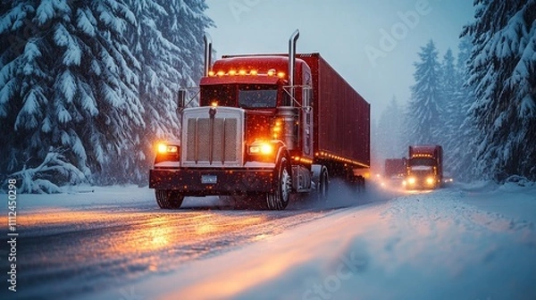 Fototapeta Trucks haul containers across through a snowstorm
