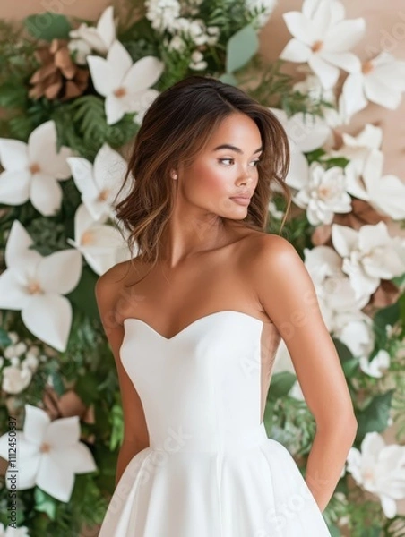 Fototapeta A stunning bride in a strapless gown stands gracefully amidst a backdrop of white and green florals, embodying modern elegance and timeless charm.
