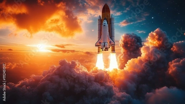 Obraz Space rocket lift off. Space shuttle with smoke and blast takes off into space on a background of blue planet earth with amazing sunset