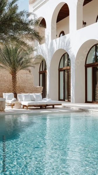 Fototapeta Stunning poolside scene with elegant arches, classic Mediterranean architecture, palm trees, and cozy sun loungers, ideal for relaxation and style lovers.