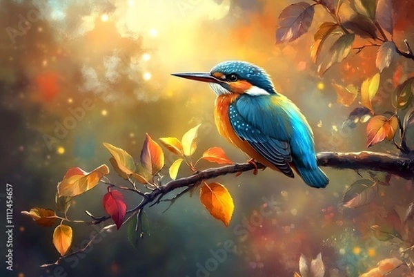 Obraz Colorful Kingfisher Perched on an Apple Tree Branch in Autumn with Vibrant Fall Leaves