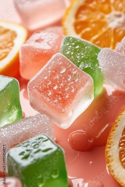 Fototapeta Aesthetic arrangement of green and pink ice cubes with droplets, surrounded by juicy citrus slices on a pastel pink background, evoking a sense of freshness.