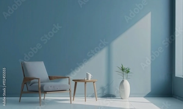 Fototapeta A modern armchair with a side table and a potted plant in front of a blue wall