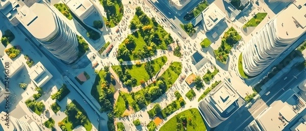 Fototapeta Aerial view of a modern city with green spaces and skyscrapers.  Urban landscape showcasing architecture and nature.
