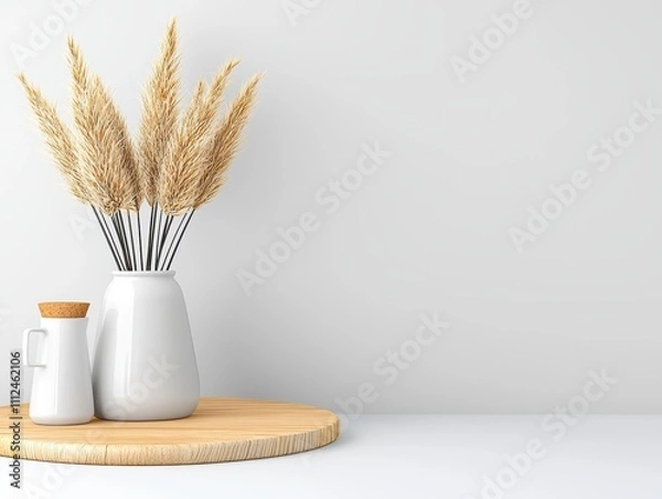 Fototapeta A minimalist arrangement featuring dried grass in a white vase on a wooden tray, complemented by a small ceramic jug, set against a light backdrop.