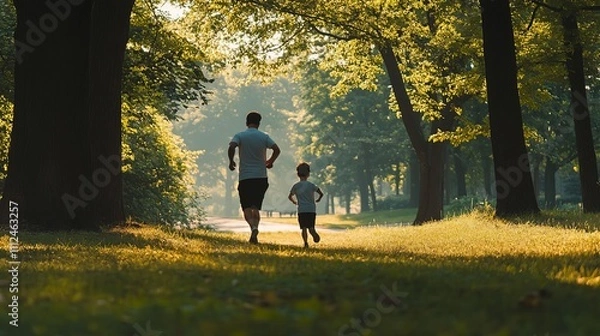 Fototapeta A father and his sons running in the park, captured from behind with their backs to us. They have black jackets on. The photo was taken during golden hour, warm tones of orange and yellow.