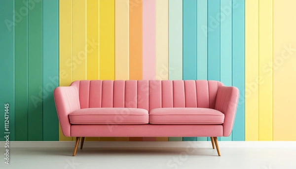 Fototapeta Colorful interior design with a pink sofa against a vibrant pastel striped wall, capturing modern and cheerful home decor.