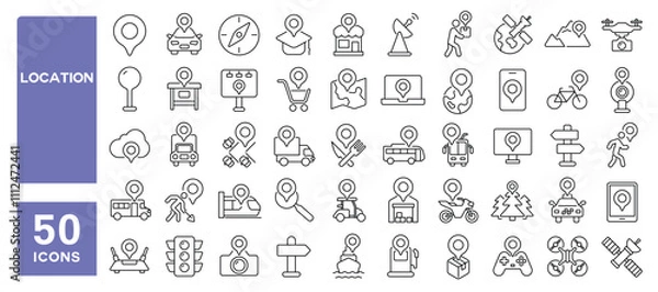 Obraz Set of 50 line icons related to location, pin, map, navigation, transport, deliver, journey, address, track, route, Editable stroke. Vector illustration