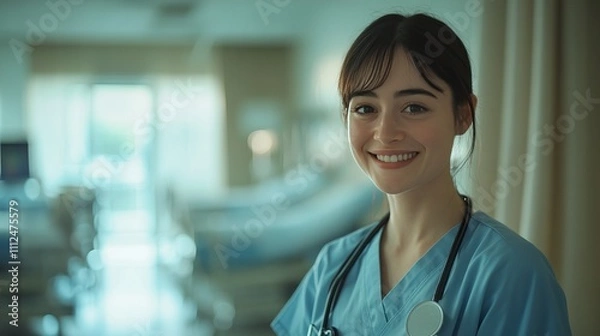 Fototapeta A woman in a blue scrubs is smiling and posing for a picture