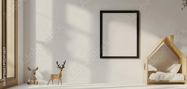 Fototapeta A photorealistic 3D rendering of a children's room with a white wall, featuring a house-shaped bed, a black-framed poster mockup, a wooden shelf, and a deer toy on a white carpet floor. 
