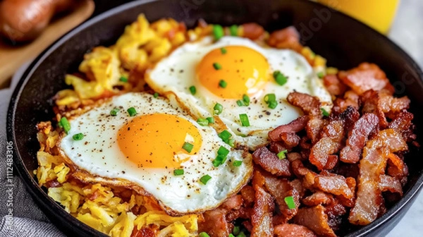 Obraz Start your day with a delightful All-American breakfast featuring sunny-side-up eggs, crispy bacon, flavorful sausages, and golden hash browns for a satisfying morning meal