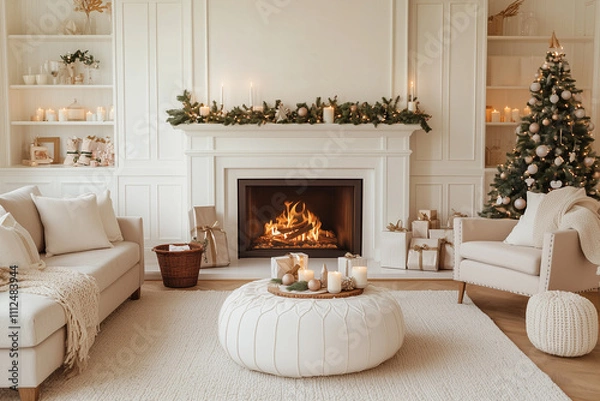 Fototapeta A modern mantel decorated with minimalist greenery, candles, and elegant ornaments in a bright living room. A serene and stylish take on holiday decor.
