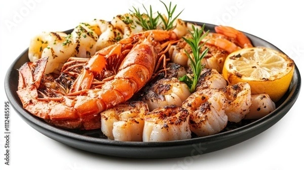 Fototapeta Mixed seafood grill isolated on white clipping path
